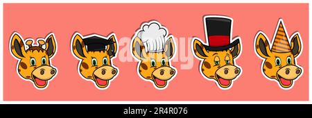 Head Giraffe Animal Sticker Set. Graduation, Chef, Magician and Party hat. Perfect for stickers, logo, greeting card and invitation. Vector and illust Stock Vector
