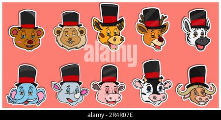 Head Animal Sticker Set. For Logo, Sticker and Magician Theme. Vector And Illustration. Stock Vector