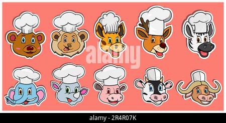 Head Animal Sticker Set. For Logo, Sticker and Chef Theme. Vector And Illustration. Stock Vector