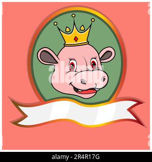 Cute Animal Head With Crown On Frame Label. Hippopotamus Head. Perfect For Cartoon, Logo, Icon and Character Design. Vector And Illustration. Stock Vector