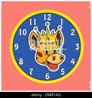 Sticker Animal Head With Crown On Clock. Giraffe Head. Perfect For Character Design Kid Clock. Vector And Illustration. Stock Vector