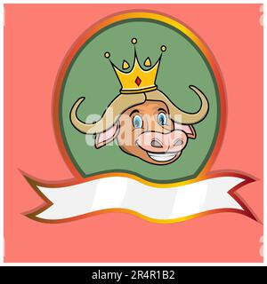 Cute Animal Head With Crown On Frame Label. Buffalo Head. Perfect For Cartoon, Logo, Icon and Character Design. Vector And Illustration. Stock Vector