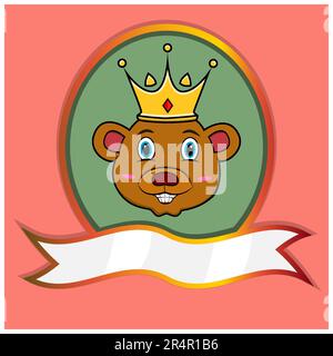 Cute Animal Head With Crown On Frame Label. Bear Head. Perfect For Cartoon, Logo, Icon and Character Design. Vector And Illustration. Stock Vector