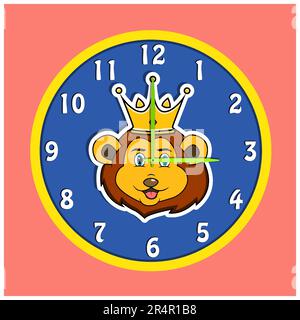 Sticker Animal Head With Crown On Clock. Lion Head. Perfect For Character Design Kid Clock. Vector And Illustration. Stock Vector