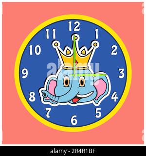 Sticker Animal Head With Crown On Clock. Elephant Head. Perfect For Character Design Kid Clock. Vector And Illustration. Stock Vector