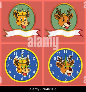 Cute Animal Heads Of Giraffe and Deer For Logo, Badge, Emblem and Clock. Vector And Illustration Stock Vector