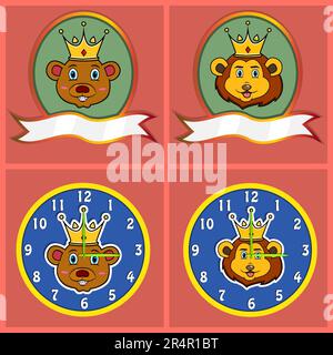 Cute Animal Heads Of Beer and Lion For Logo, Badge, Emblem and Clock. Vector And Illustration Stock Vector