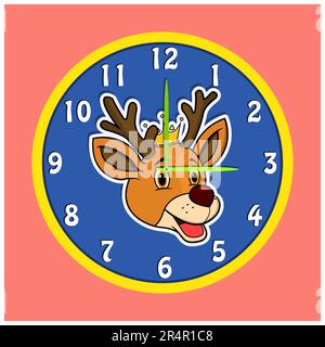 Sticker Animal Head With Crown On Clock. Deer Head. Perfect For Character Design Kid Clock. Vector And Illustration. Stock Vector