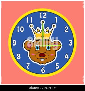 Sticker Animal Head With Crown On Clock. Bear Head. Perfect For Character Design Kid Clock. Vector And Illustration. Stock Vector