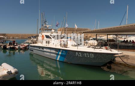 Heraklion, Crete, Greece. 2023, Hellenic Coast Guard coastal paterol vessel alongside the harbour in Heraklion, Crete. Stock Photo