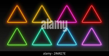 Neon triangle frames, glowing borders set, colorful futuristic UI design elements. Stock Vector