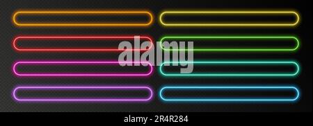 Neon rounded rectangle frames, vibrant glowing borders, isolated colorful UI elements. Stock Vector