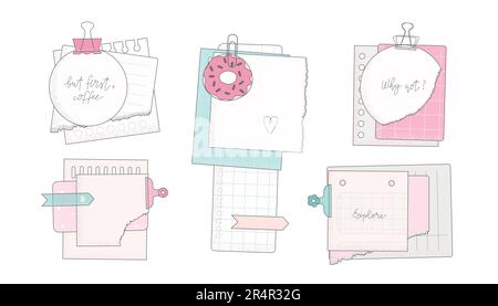 Stickers, note papers, planner doodles vector illustrations collection. Linear set for diary, notepad. Stock Vector
