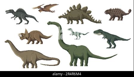 Pixel dinosaur characters. 8 bit game asset, pixel art dino animals. Brontosaurus, Tyrannosaurus, Velociraptor and Pteranodon, Diplodocus, Stegosaurus extinct reptile, vector pixelated dinosaurs Stock Vector