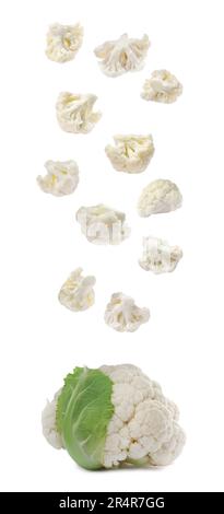 Many fresh cauliflower florets falling on white background Stock Photo