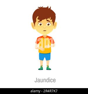 Jaundice child disease, isolated vector sick boy with yellow face and eyes, yellowish skin cause to high bilirubin level. Kid liver disease symptom. Dangerous Illness diagnosis and infant health care Stock Vector