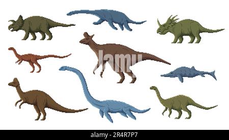 Pixel dinosaur characters. 8 bit retro game asset, pixel art dino animals. Mussaurus, Elaphrosaurus, Avaceratops and Corythosaurus, Lambeosaurus, Styracosaurus pixel vector reptile or dinosaurs Stock Vector