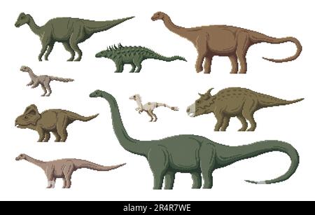 Pixel dinosaur characters. 8 bit pixel art game dino animals. Jaxartosaurus, Garudimimus, Elmisaurus and Magyarosaurus, Opisthocoelicaudia, Pachyrhinosaurus pixel extinct reptile, vector dinosaurs Stock Vector