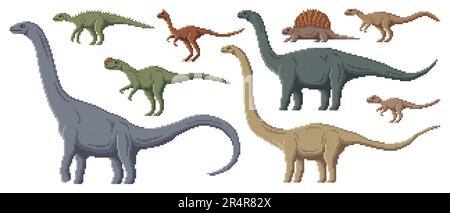 Pixel dinosaur characters. 8 bit pixel art game dino animals. Dryosaurus, Edaphosaurus, Cetiosaurus and Scutellosaurus, Paralititan, Mamenchisaurus prehistoric extinct reptile or pixel vector dinosaur Stock Vector