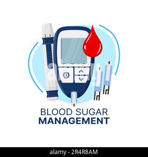 Blood sugar management icon of vector diabetes care. Glucose level test strips, glucometer and insulin injection pump pen with red blood drop. Glucose level measuring device for diabetes control Stock Vector