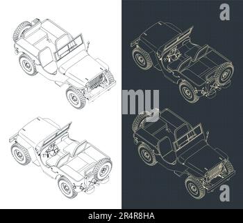 Stylized vector illustrations of isometric blueprints of all-terrain vehicle Stock Vector