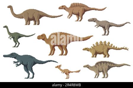 Pixel dinosaur characters. 8 bit pixel art game dino animals. Ouranosaurus, Probactrosaurus, Suchomimus and Alectrosaurus, Alvarezsaurus, Aralosaurus prehistoric reptiles, vector pixel dinosaurs Stock Vector