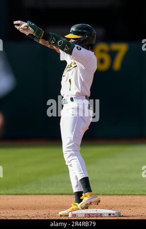 Carlos Perez of the Oakland Athletics celebrates in the dugout