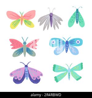 Cute doodle simple butterflies and moths isolated on white background. Hand-drawn clip art for design and decor. Stock Vector