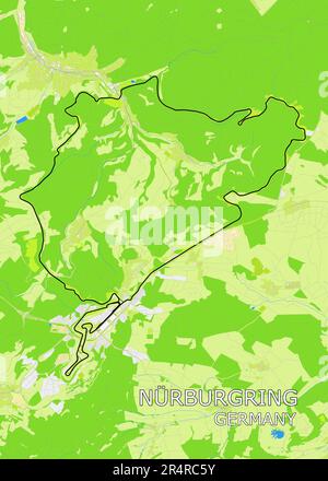 An illustrated map of the Nürburgring, in Germany. Built in the 1920s around the village and medieval castle of Nürburg in the Eifel mountains. Stock Vector