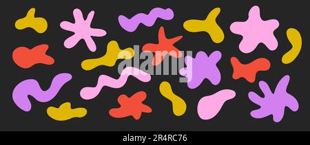 Abstract irregular shapes set. Bright liquid organic blobs on dark background. Random amorphous blots, clouds, bubbles and waves element collection for banners, posters, collages. Vector pack. Stock Vector