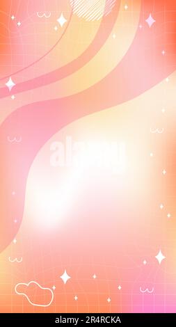 Trendy yellow orange pink blurry mesh gradient abstract storic template background with copy space and hand drawn Kawaii Y2K line and wave elements Stock Vector
