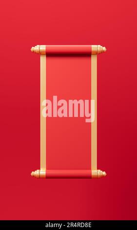 Red empty opening scroll on the red background, Spring Festival theme, 3d rendering. Digital drawing. Stock Photo