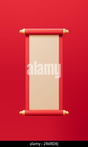 Red empty opening scroll on the red background, Spring Festival theme, 3d rendering. Digital drawing. Stock Photo