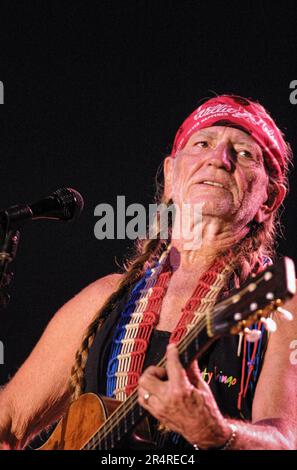 Willie Nelson, 68, performs with his famed Martin N-20 guitar 'Trigger' during a Kentucky State Fair concert at Cardinal Stadium on Tuesday, Aug. 21, 2001 in Louisville, Jefferson County, KY, USA. The multitalented singer, songwriter, instrumentalist, actor and political activist was a pioneer of the iconoclastic 'outlaw country' movement, a subgenre of country music that developed in the late 1960s as an alternative to the more conservative 'Nashville Sound' dominating the industry at the time. (Apex MediaWire Photo by Billy Suratt) Stock Photo