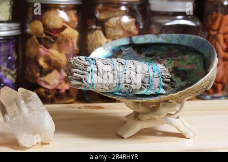 Abalone Shell With Sage Bundle Incense For Cleansing and Purification Stock Photo