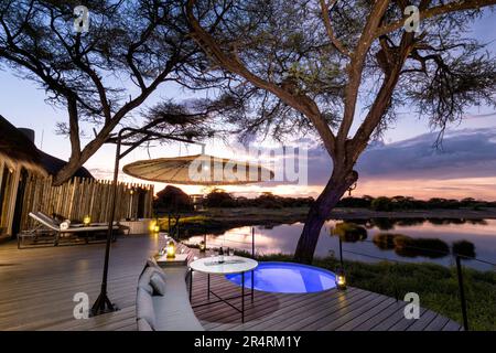 Sunset view from a luxury suite at Onguma Camp Kala - Onguma Game Reserve, Namibia, Africa Stock Photo