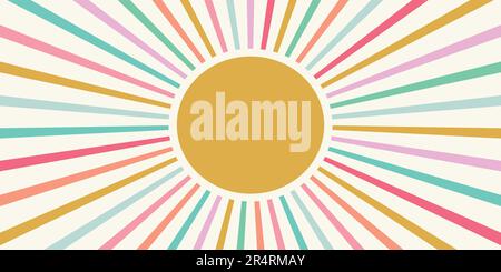 Sunshine background vector border with rainbow coloured rays. Fun summer design element. Stock Vector