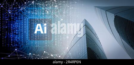 Ai technology city landscape. Futuristic big data city with transport, business, technology network. . High quality photo Stock Photo