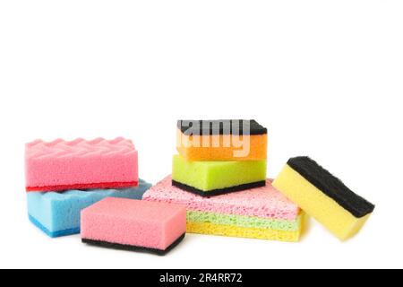 Sponges for dishwashing isolated on a white background. Top view Stock Photo