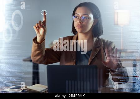 Woman, night and touch hologram with data, chart or information on dashboard, overlay or focus in office. Holographic ux, point and it expert by Stock Photo