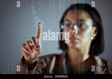 Woman, night and office with touch hologram display for big data, chart or information technology on dashboard. Holographic ux, point and it expert Stock Photo