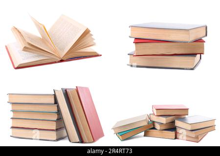 Collection of different retro books on white background. Set of old books isolated. Top view Stock Photo