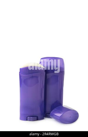 Violet bottle with Body antiperspirant deodorant roll-on isolated on white background. Top view Stock Photo