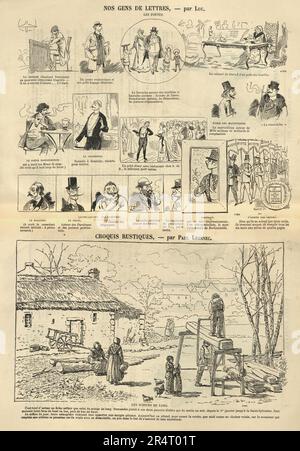 Page from vintage French comic paper, Cartoons, Nos Gens de lettres, Our people of letters, Croquis rustiques, Rustic sketches, 1890s, 19th Century Stock Photo