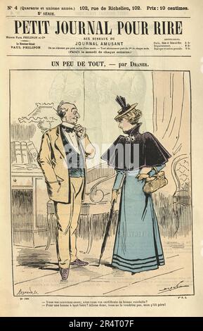 Vintage French cartoon, Mature man interviewing young woman for a job, 1890s, 19th Century. - Vous me convenez assez; avez-vous vos certificats de bonne conduite? - Pour une bonne à tout faire? Allons donc, vous ne le voudriez pas, mon p'tit père! - You are quite suitable for me; do you have your certificates of good behavior? - For a good to do everything? Come on, you wouldn't want to, my little father! Stock Photo