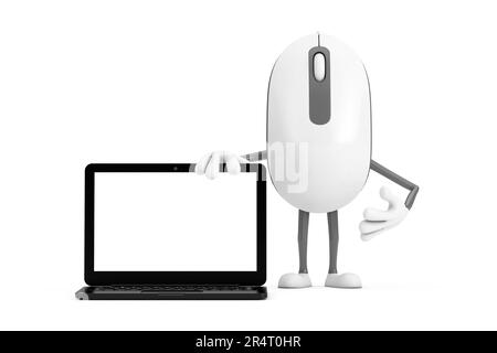 Computer Mouse Cartoon Person Character Mascot with Modern Laptop Computer Notebook and Blank Screen for Your Design on a white background. 3d Renderi Stock Photo