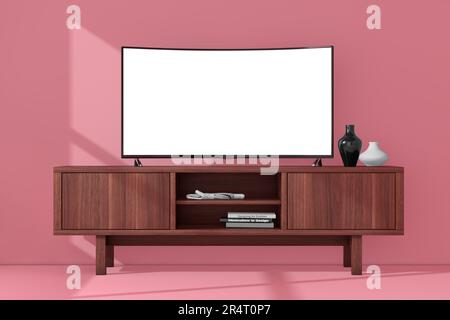 Modern Curved Led or LCD Smart TV Screen Mockup above Wooden Console Rack on a pink wall background. 3d Rendering Stock Photo