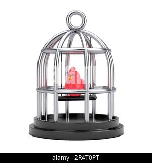 Abstract Cartoon Chrome CAge with Red Bird Web Icon Sign on a white background. 3d Rendering Stock Photo