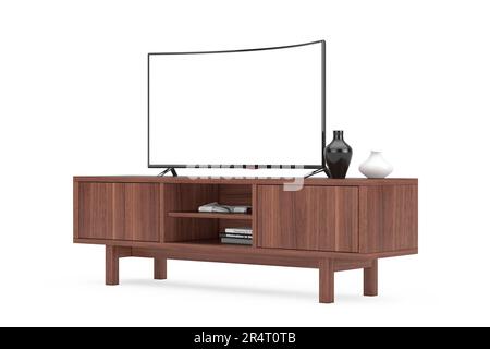 Modern Curved Led or LCD Smart TV Screen Mockup above Wooden Console Rack on a white background. 3d Rendering Stock Photo