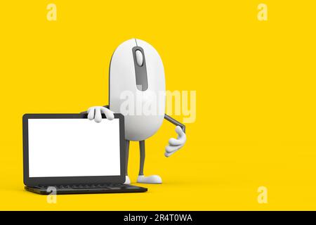 Computer Mouse Cartoon Person Character Mascot with Modern Laptop Computer Notebook and Blank Screen for Your Design on a yellow background. 3d Render Stock Photo